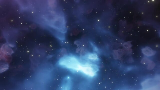 CGI Loopable Animation Space Travel Throug Blue and Purple Nebula Clouds and Star Clusters.