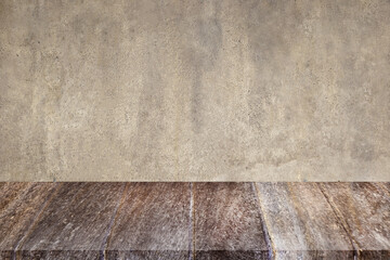 Soft focus wood flooring and vintage gray cement wall.