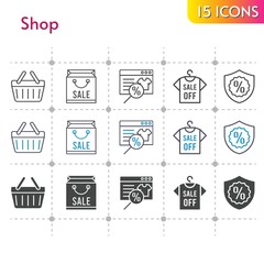 shop icon set. included shopping bag, online shop, shirt, warranty, shopping-basket, shopping basket icons on white background. linear, bicolor, filled styles.