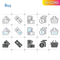 buy icon set. included money, discount, shopping-basket, credit card, shopping basket icons on white background. linear, bicolor, filled styles.