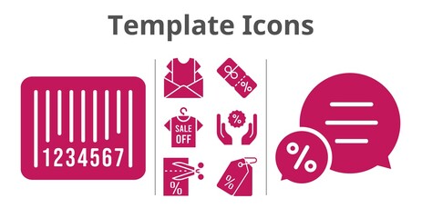 template icons set. included newsletter, shirt, voucher, chat, price tag, discount, barcode icons. filled styles.