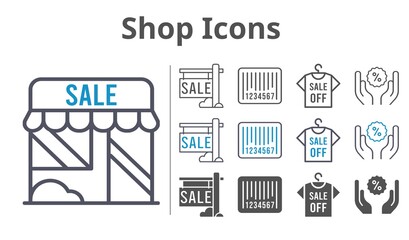 shop icons icon set included sale, shop, shirt, discount, barcode icons