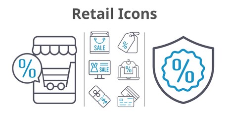 retail icons set. included online shop, shopping bag, price tag, discount, warranty, credit card icons. bicolor styles.