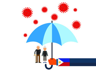 Old people under the umbrella are protected from the coronavirus COVID-19. A hand with an umbrella protects the family from the coronavirus. Vector illustration. government protec old people