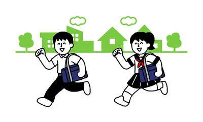 笑顔で街中を移動するスクールバッグをもった制服半袖男女（シンプル）