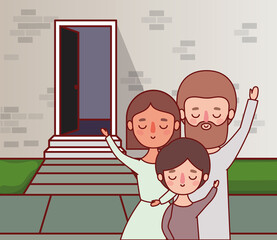 Mother father and son in front of wall with door vector design