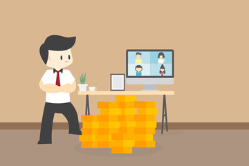 businessman stand on money gold coin front of work table using Webcam conference on a computer with diverse colleagues And working at homework through computer And the internet