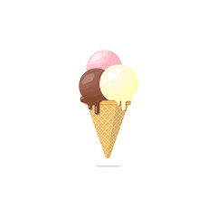 three sweet ice cream scoop cone flat design
