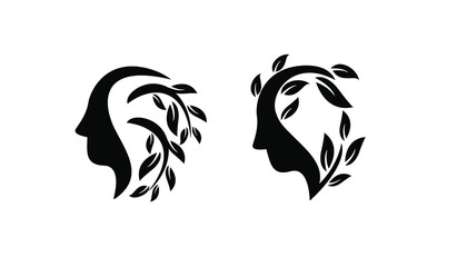 set collection head face with leaf black white logo icon design illustration