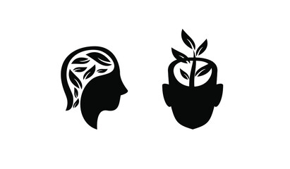 set collection head face with leaf black white logo icon design illustration