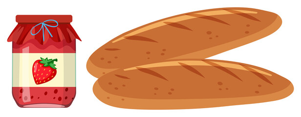 Two loaf of breads and jar of strawberry jam