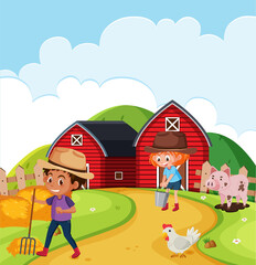 Obraz na płótnie Canvas Farm scene with happy children working on the farm