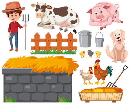 Set of farmer and animals on white background