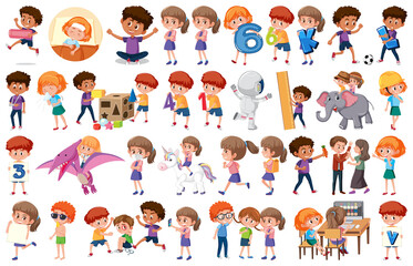 Fototapeta premium Large set of children doing different activities on white background
