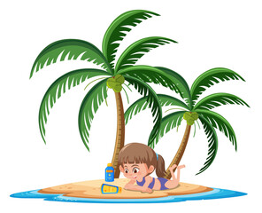 Girl taking sun bath with sunscreen lotion cartoon character on white background