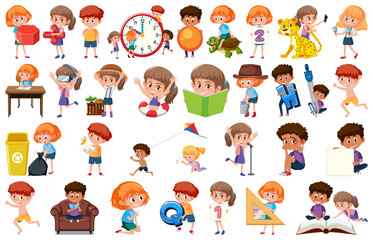 Large set of children doing different activities on white background