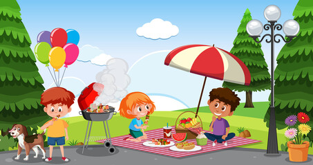 Obraz premium Scene with happy children eating in the park