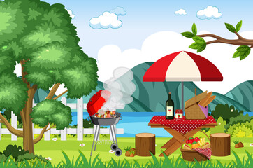 Scene with BBQ grill and food on picnic table