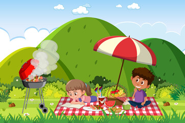 Fototapeta na wymiar Scene with happy kids eating in the park