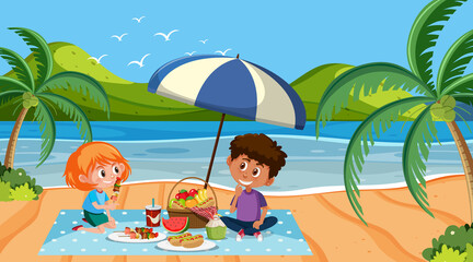 Fototapeta na wymiar Scene with kids having picnic on the beach