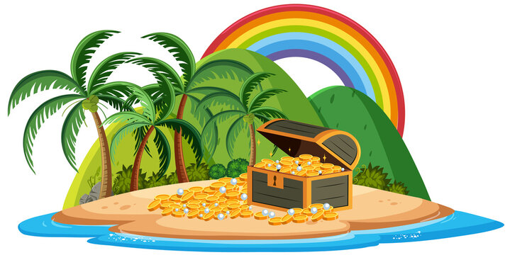 Treasure box on the tropical island with rianbow on white background