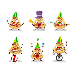 Cartoon character of slice of pizza with various circus shows