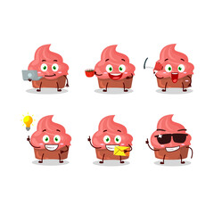 Strawberry cake cartoon character with various types of business emoticons