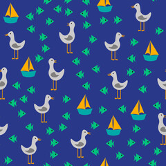 Seagulls, fish and boats. Childrens illustration with animals. Sea vector pattern. 