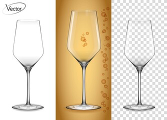 Glass for white wine and champagne with bubbles. Empty glass on a transparent background and on an amber background. Tableware for drinks made of glass. Realistic, highly detailed layout. The effect o