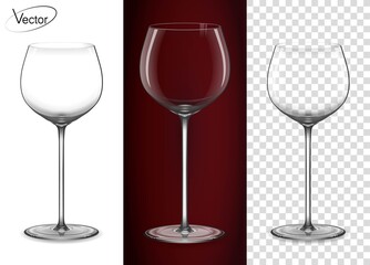 A glass for red wine and champagne. Empty glass on a transparent background and on a red background. Tableware for drinks made of glass. Realistic, highly detailed layout. 3d effect, vector graphics.