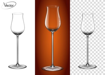 Empty glass on a transparent background and on a cognac background. Tableware for drinks made of glass. A glass for cognac and Armagnac. Realistic, highly detailed layout. 3d, vector.