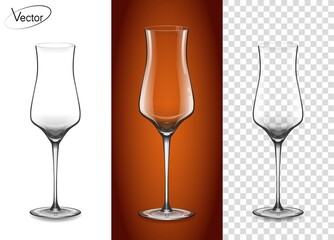 A glass for cognac and Armagnac. Empty glass on a transparent background and on a cognac background. Tableware for drinks made of glass. Realistic, highly detailed layout. 3d, vector.