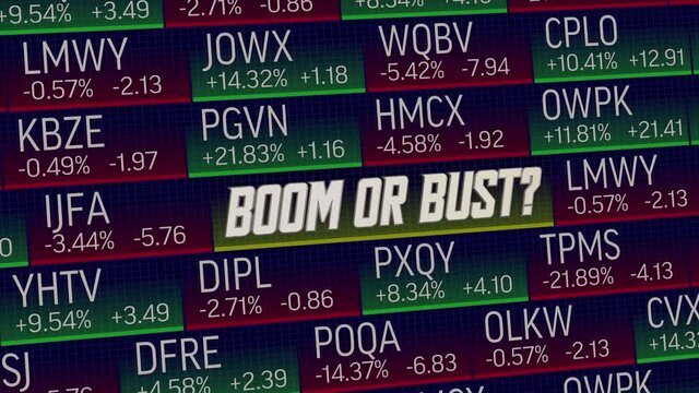 Boom or Bust Stock Market Ticker Share Prices Rise Fall Up Down 3d Illustration