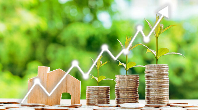 wooden house model and step of coins stacks with tree growing on top and Stock market or forex trading graph, nature background, money, saving and investment or family planning, stock market concept.
