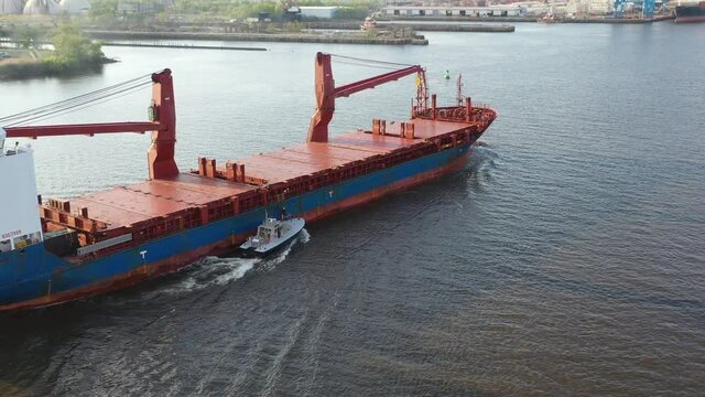 Aerial View of River Pilot Boarding a Cargo Ship from the Pilot Boat Delaware River Philadelphia