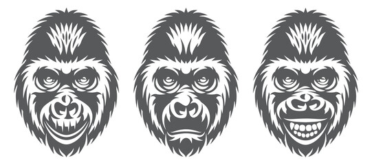 monochrome set of three gorilla heads with different facial expressions