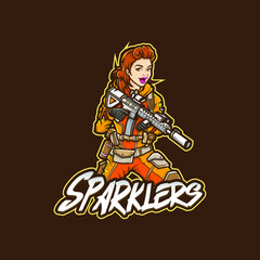 sports mascot logo design editable template gaming e sports yellow gold lady soldier girl with gun warrior women