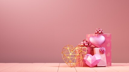 valentine gift box on wood paint and pink wall 3d render