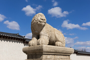 Fototapeta na wymiar Haetae Stone Statue, a legendary animal protecting Gyeongbokgung Palace in Korea
