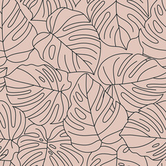 Tropical Monstera Leaves Seamless Pattern. Vector floral background in a trendy minimalistic linear style © Sini4ka