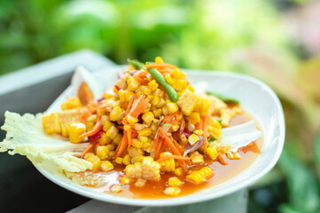 picy corn salad, Traditional Thai food is also delicious like a papaya salad, it's instead papaya with corn