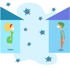 Illustration vector graphic of man and woman in their house with mask for protect them from corona virus outside.