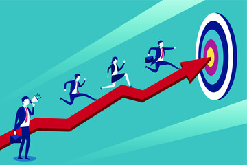 Business competition vector concept: Business people racing to the achieve the target motivated by their boss