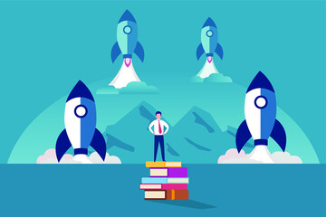 Knowledge is king vector concept: Businessman standing on pile of books with rockets launching
