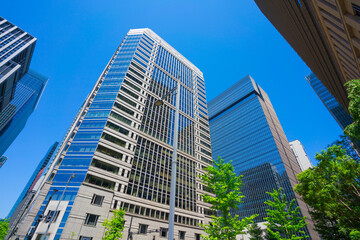 東京　丸の内　高層ビル群　春　新緑　青空　2020年
