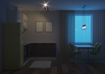 Scandinavian-style corner kitchen with yellow fridge. Night. Evening lighting. 3D rendering.