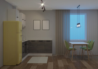Scandinavian-style corner kitchen with yellow fridge. Night. Evening lighting. 3D rendering.