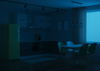 Scandinavian-style corner kitchen with yellow fridge. Night. Evening lighting. 3D rendering.