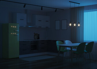 Scandinavian-style corner kitchen with yellow fridge. Night. Evening lighting. 3D rendering.