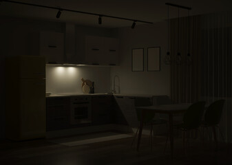 Scandinavian-style corner kitchen with yellow fridge. Night. Evening lighting. 3D rendering.